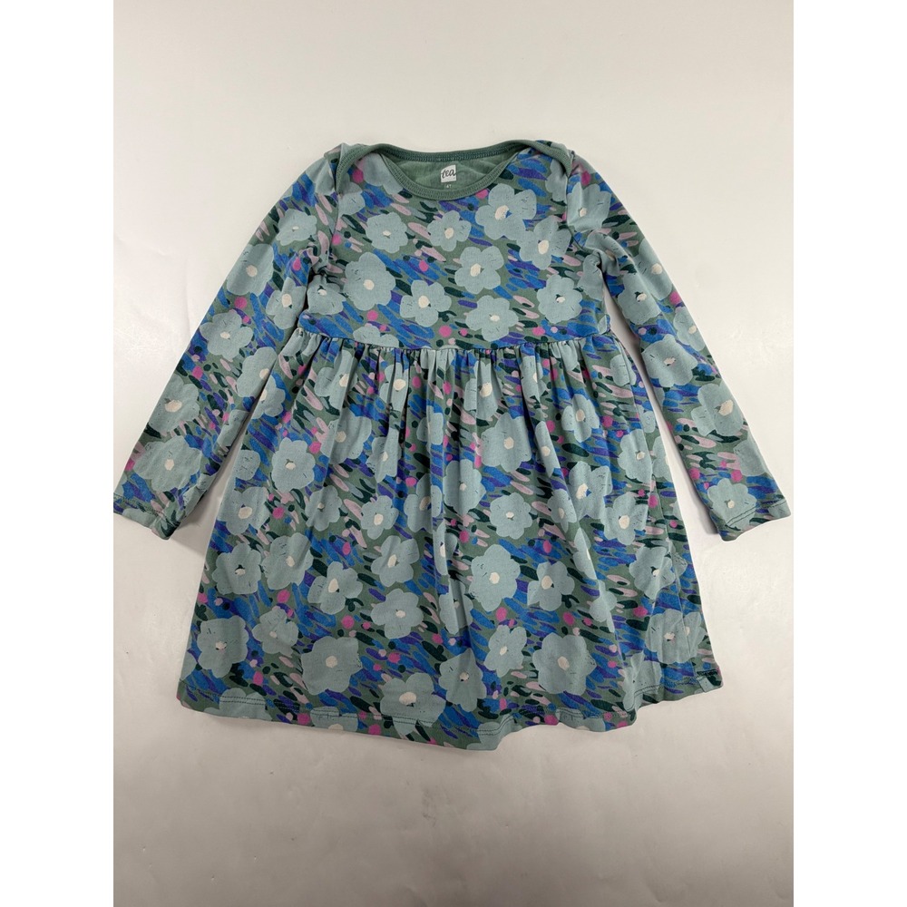 Tea Collection Girls 4T Long Sleeve Floral Knit Dress Blue Green 23F32318